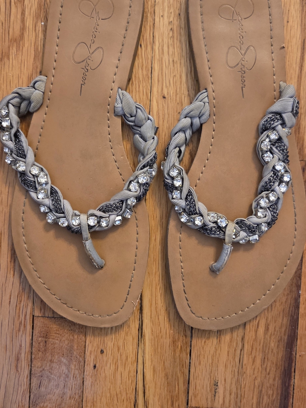Jessica Simpson Gray Braided Rhinestone Thong Sandals